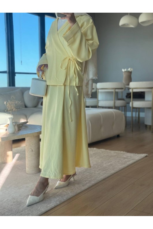 3509 - Keten Kumaş Kimono Takım Sarı-Z15 3509 - Keten Kumaş Kimono Takım Sarı-Z15