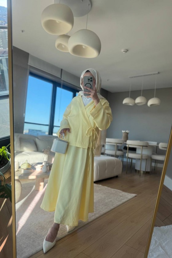 3509 - Keten Kumaş Kimono Takım Sarı-Z15