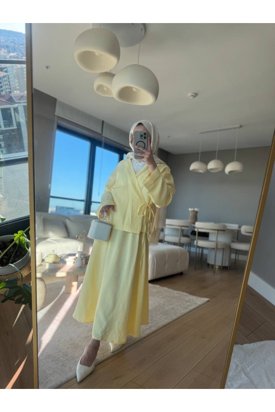 3509 - Keten Kumaş Kimono Takım Sarı-Z15 3509 - Keten Kumaş Kimono Takım Sarı-Z15