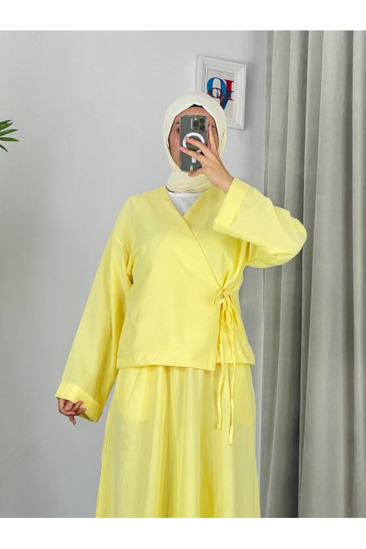 3509 - Keten Kumaş Kimono Takım Sarı-Z15 3509 - Keten Kumaş Kimono Takım Sarı-Z15