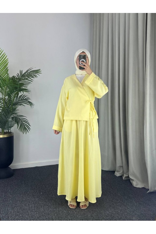 3509 - Keten Kumaş Kimono Takım Sarı-Z15 3509 - Keten Kumaş Kimono Takım Sarı-Z15