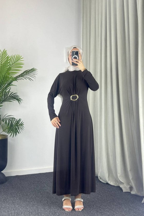 61558 - Kemerli Tesettür Elbise Kahverengi̇-B2