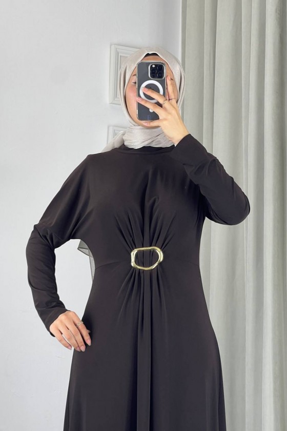 61558 - Kemerli Tesettür Elbise Kahverengi̇-B2