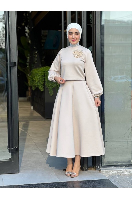 3028 - Scuba Tesettür İkili Takım Bej B-1