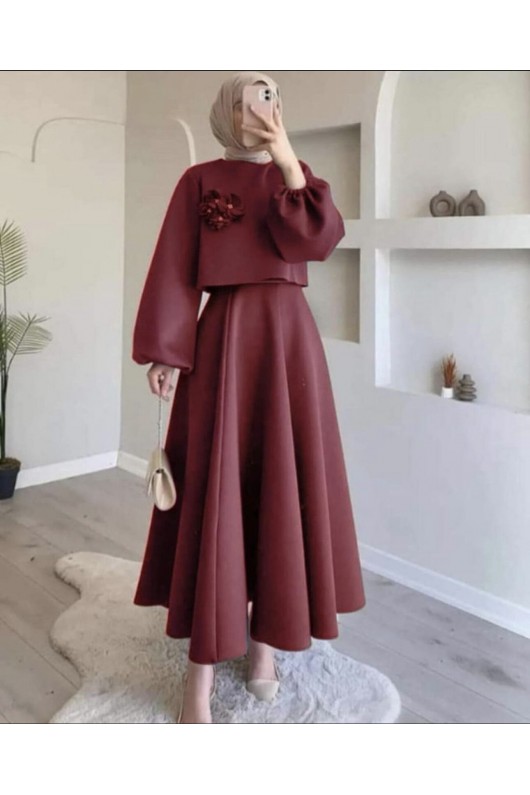 3028 - Scuba Tesettür İkili Takım Bordo B-1