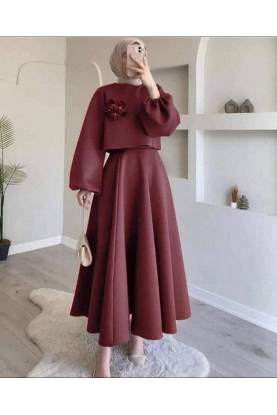 3028 - Scuba Tesettür İkili Takım Bordo B-1