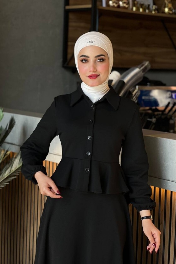 44122 - Pamuklu Kaşe Tesettür İkili Takım Si̇yah A-5