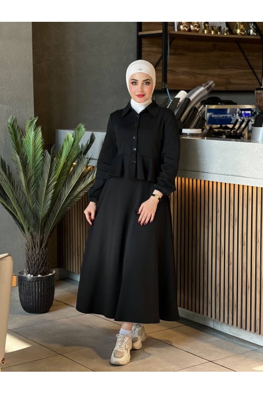 44122 - Pamuklu Kaşe Tesettür İkili Takım Si̇yah A-5