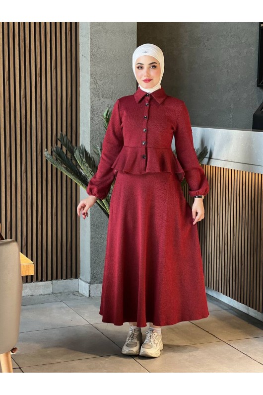 44122 - Pamuklu Kaşe Tesettür İkili Takım Bordo A-5