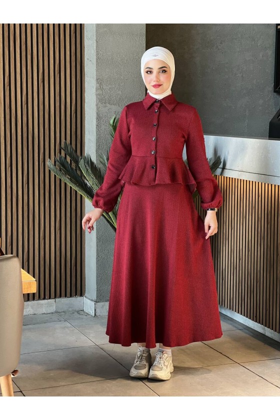 44122 - Pamuklu Kaşe Tesettür İkili Takım Bordo A-5
