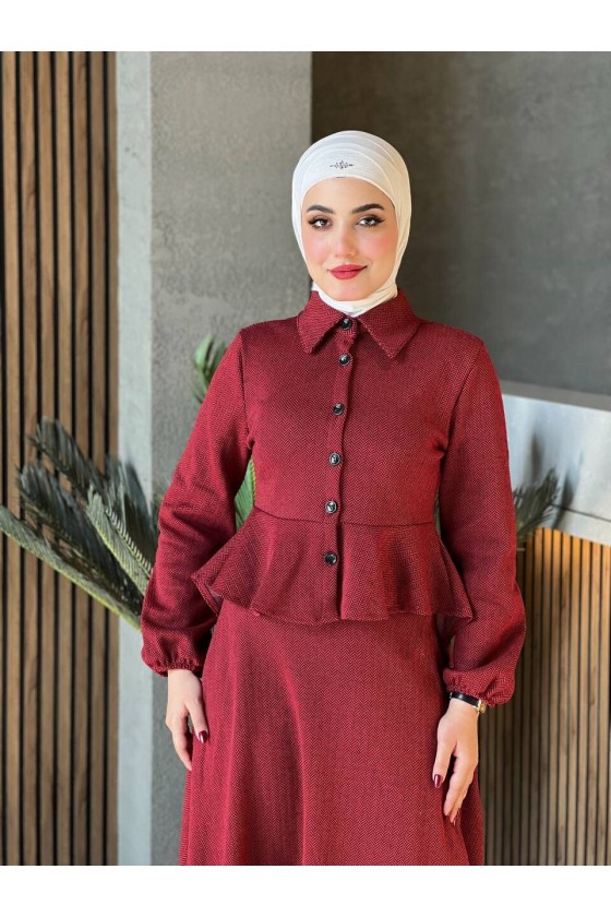 44122 - Pamuklu Kaşe Tesettür İkili Takım Bordo A-5