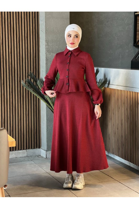 44122 - Pamuklu Kaşe Tesettür İkili Takım Bordo A-5