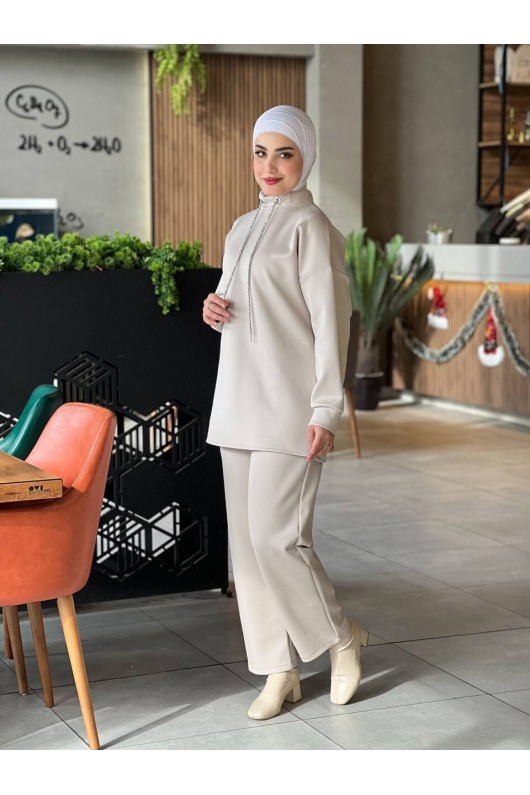 44130 - Scuba Tesettür İkili Takım Bej-Z14