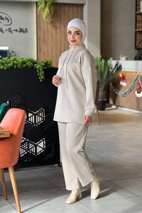 44130 - Scuba Tesettür İkili Takım Bej-Z14