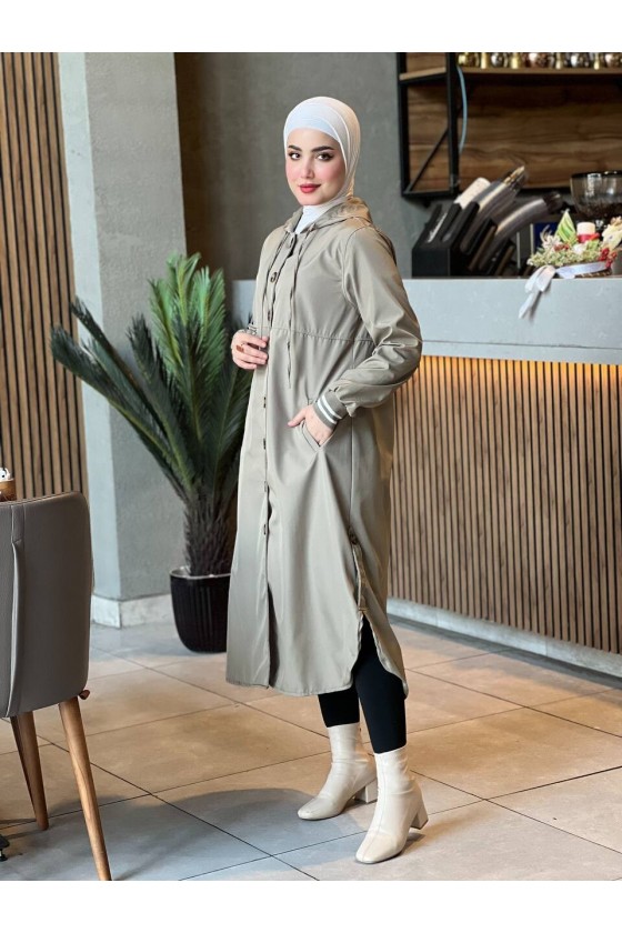 4435 - Kapüşon Detaylı Tesettür Trençkot Taş H-11
