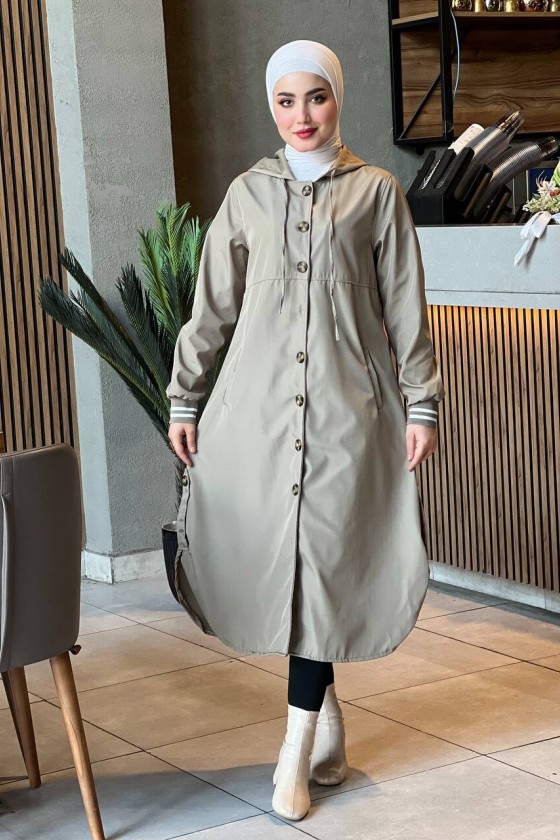 4435 - Kapüşon Detaylı Tesettür Trençkot Taş H-11