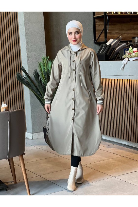 4435 - Kapüşon Detaylı Tesettür Trençkot Taş H-11 4435 - Kapüşon Detaylı Tesettür Trençkot Taş H-11