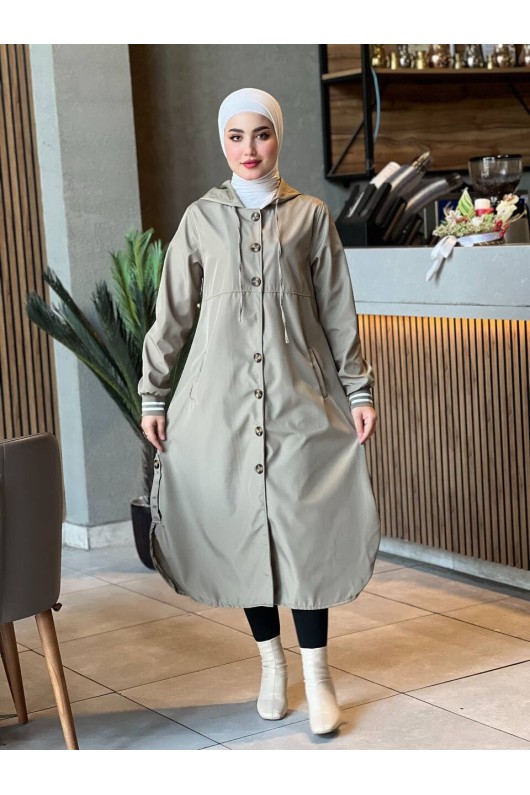 4435 - Kapüşon Detaylı Tesettür Trençkot Taş H-11 4435 - Kapüşon Detaylı Tesettür Trençkot Taş H-11