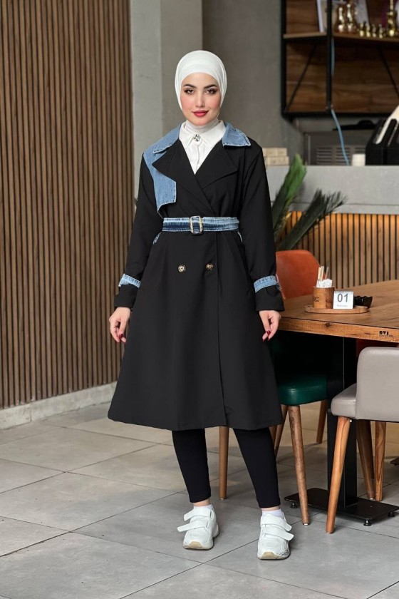 44100 - Renk Detaylı Tesettür Trençkot Si̇yah C-3