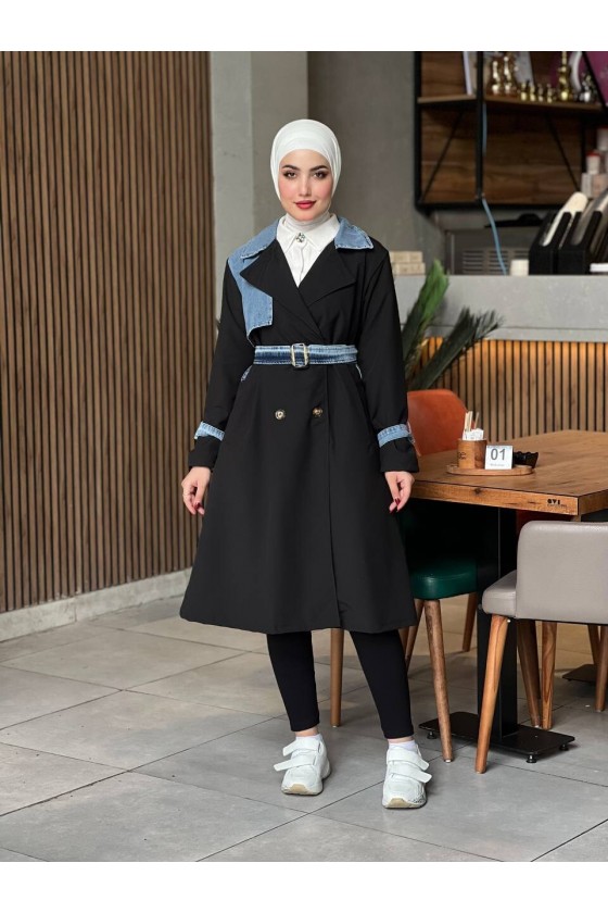 44100 - Renk Detaylı Tesettür Trençkot Si̇yah C-3