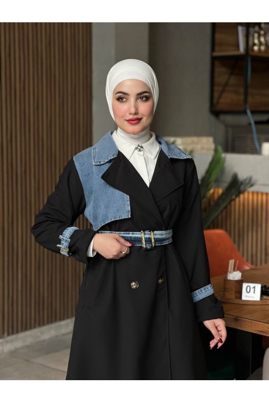 44100 - Renk Detaylı Tesettür Trençkot Si̇yah C-3 44100 - Renk Detaylı Tesettür Trençkot Si̇yah C-3