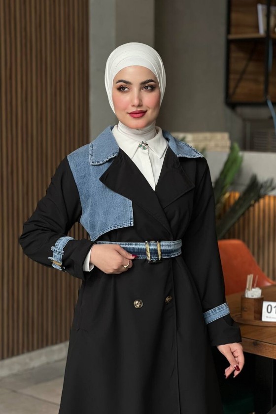 44100 - Renk Detaylı Tesettür Trençkot Si̇yah C-3