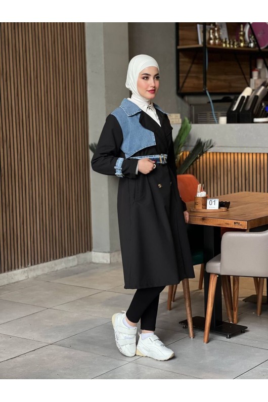 44100 - Renk Detaylı Tesettür Trençkot Si̇yah C-3 44100 - Renk Detaylı Tesettür Trençkot Si̇yah C-3