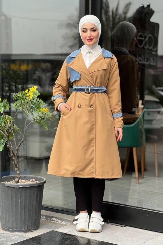 44100 - Renk Detaylı Tesettür Trençkot Camel C-3