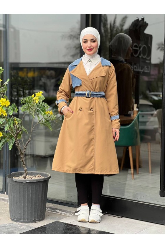 44100 - Renk Detaylı Tesettür Trençkot Camel C-3