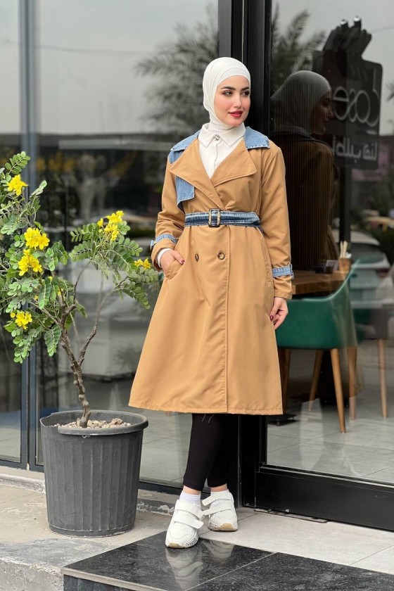 44100 - Renk Detaylı Tesettür Trençkot Camel C-3