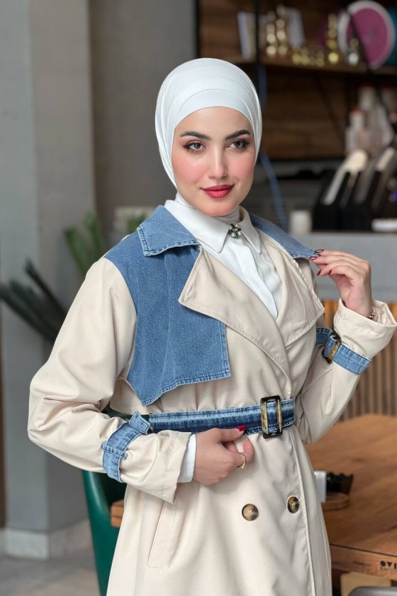 44100 - Renk Detaylı Tesettür Trençkot Bej C-3