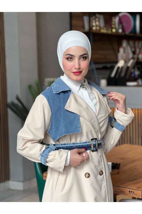 44100 - Renk Detaylı Tesettür Trençkot Bej C-3