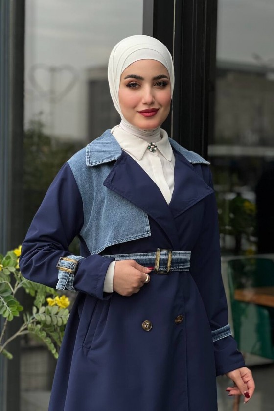44100 - Renk Detaylı Tesettür Trençkot Laci̇vert C-3