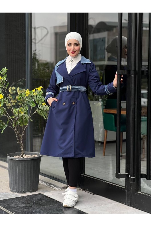 44100 - Renk Detaylı Tesettür Trençkot Laci̇vert C-3 44100 - Renk Detaylı Tesettür Trençkot Laci̇vert C-3