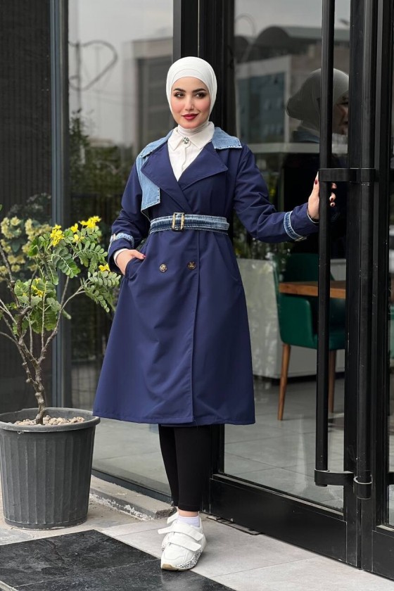 44100 - Renk Detaylı Tesettür Trençkot Laci̇vert C-3