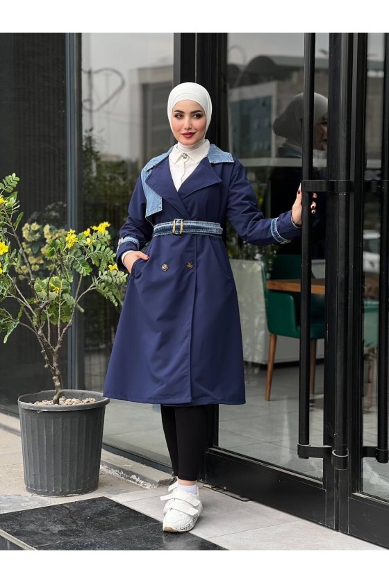 44100 - Renk Detaylı Tesettür Trençkot Laci̇vert C-3 44100 - Renk Detaylı Tesettür Trençkot Laci̇vert C-3