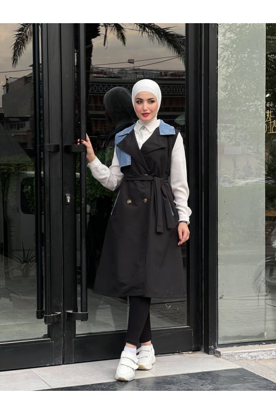 44119 - Renk Detaylı Tesettür Trençkot Si̇yah A-1