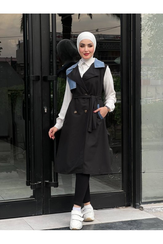 44119 - Renk Detaylı Tesettür Trençkot Si̇yah A-1 44119 - Renk Detaylı Tesettür Trençkot Si̇yah A-1