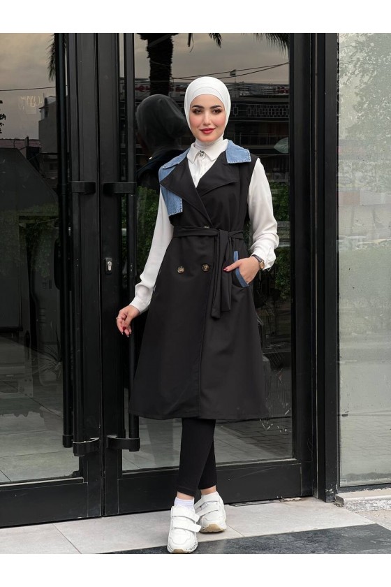 44119 - Renk Detaylı Tesettür Trençkot Si̇yah A-1 44119 - Renk Detaylı Tesettür Trençkot Si̇yah A-1