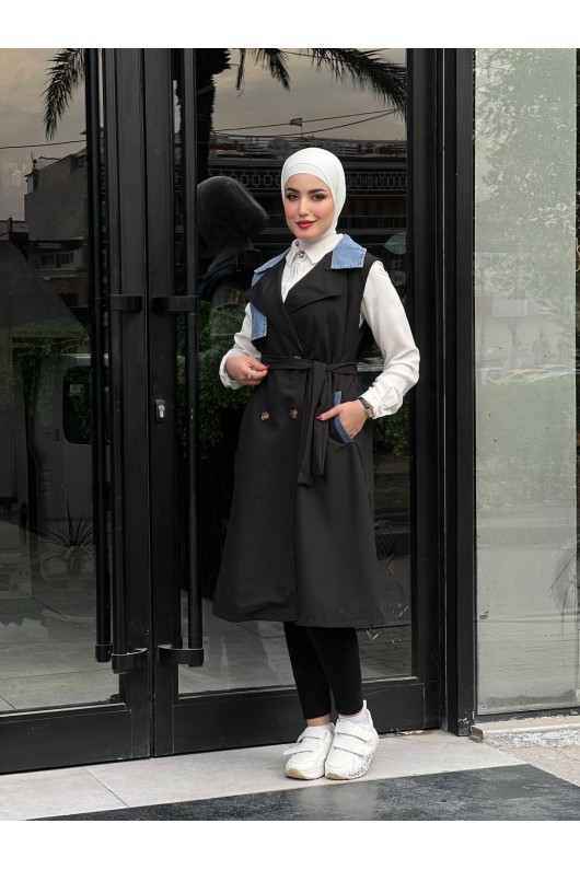 44119 - Renk Detaylı Tesettür Trençkot Si̇yah A-1 44119 - Renk Detaylı Tesettür Trençkot Si̇yah A-1