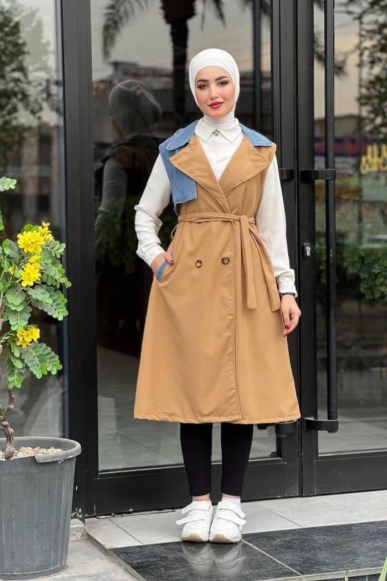 44119 - Renk Detaylı Tesettür Trençkot Camel A-1