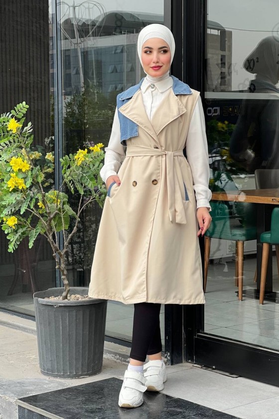 44119 - Renk Detaylı Tesettür Trençkot Bej A-1