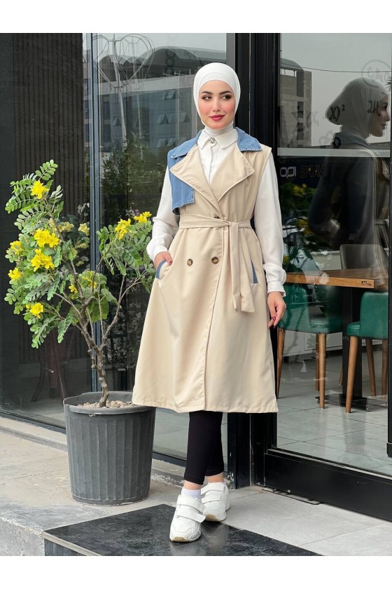 44119 - Renk Detaylı Tesettür Trençkot Bej A-1