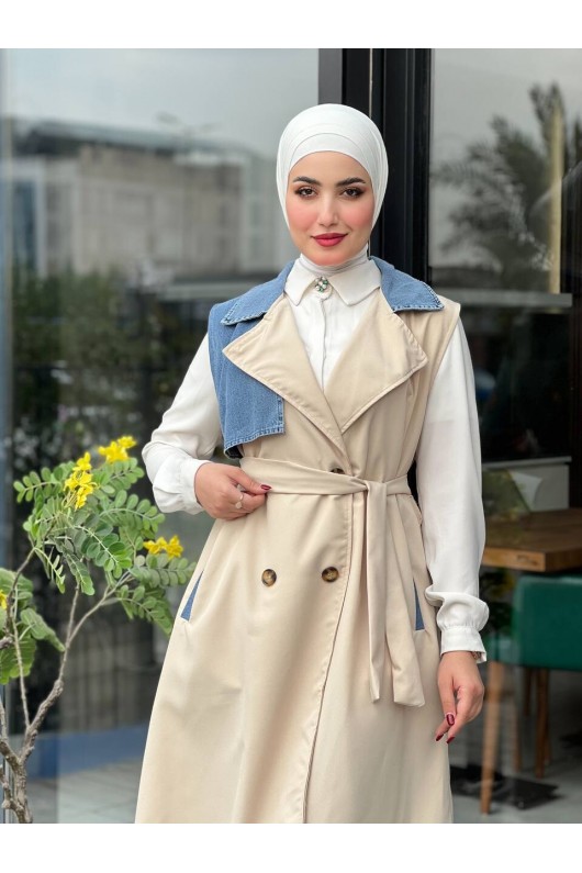 44119 - Renk Detaylı Tesettür Trençkot Bej A-1 44119 - Renk Detaylı Tesettür Trençkot Bej A-1