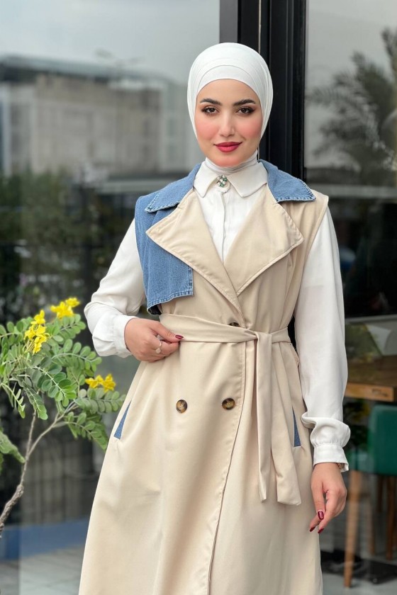 44119 - Renk Detaylı Tesettür Trençkot Bej A-1