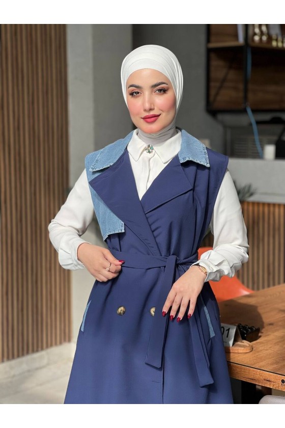 44119 - Renk Detaylı Tesettür Trençkot Laci̇vert A-1