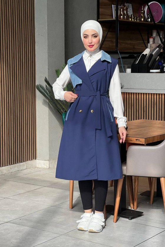 44119 - Renk Detaylı Tesettür Trençkot Laci̇vert A-1