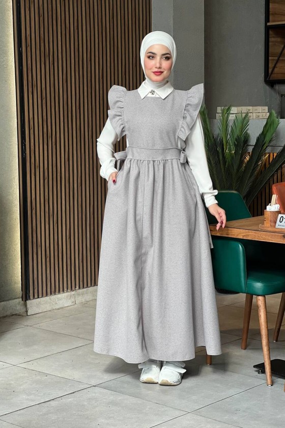 44096 - Kaşe Tesettür Elbise Gri̇ A-3