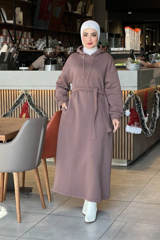 44108 - Üç İplik Tesettür Elbise Kahverengi̇-I3