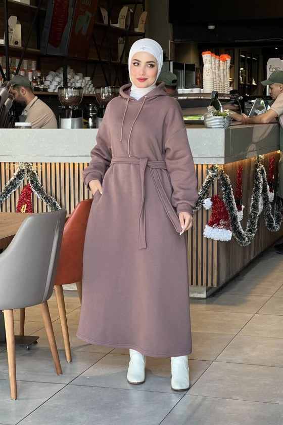 44108 - Üç İplik Tesettür Elbise Kahverengi̇-I3